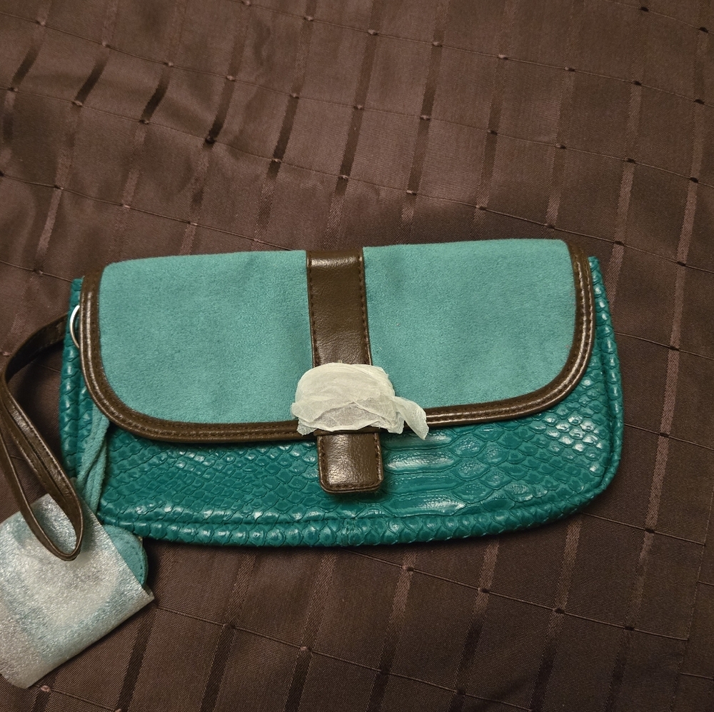ELIZABETH ARDEN Wristlet Cosmetic Bag W/Mirror Teal Alligator Print